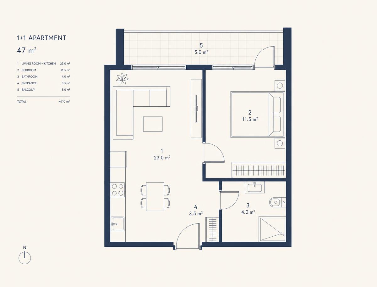 Планировка 1+1, 47 м²